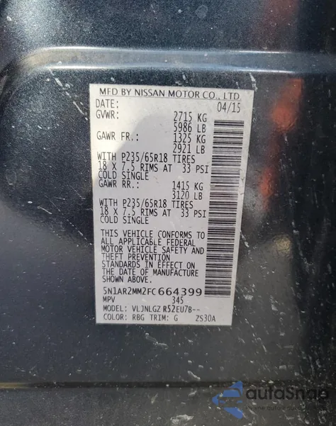 2015 Nissan Pathfinder S из США, поврежденный, VIN 5N1AR2MM2FC664399